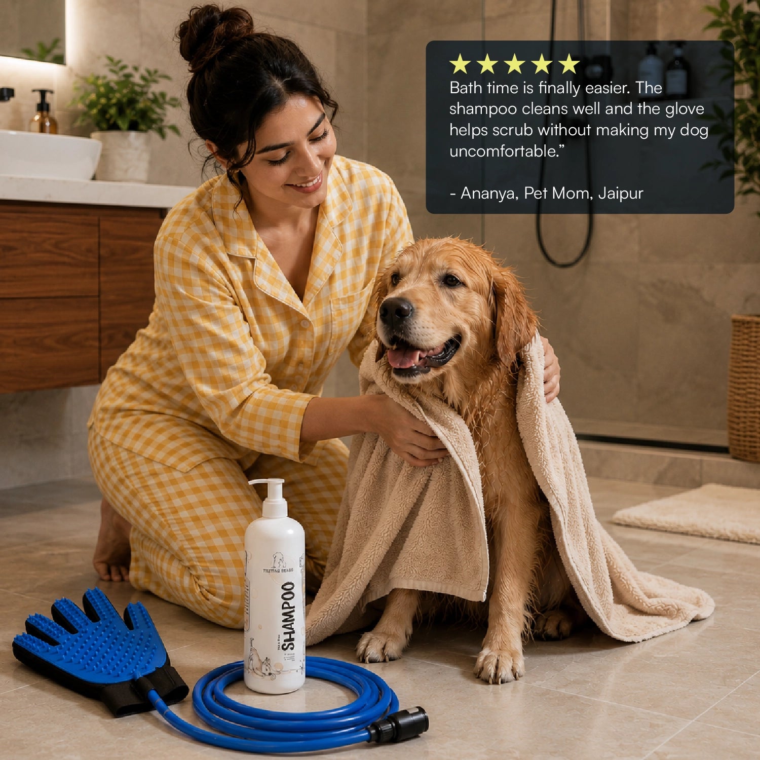 FurSplash Glove – 2-in-1 Bathing Glove & Shower Scrubber | Includes Tick & Flea Shampoo