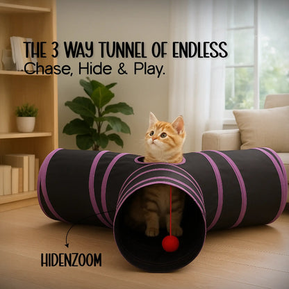 HideNZoom 3-Way Cat Tunnel – Foldable Fun for Playful Cats - Tilting Heads