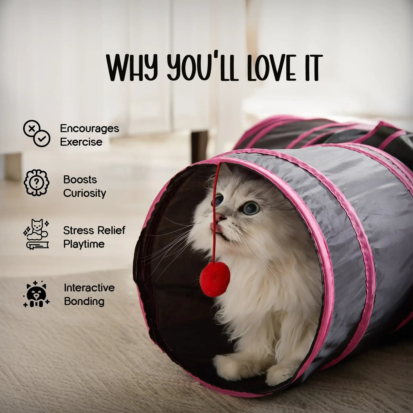 HideNZoom 3-Way Cat Tunnel – Foldable Fun for Playful Cats - Tilting Heads