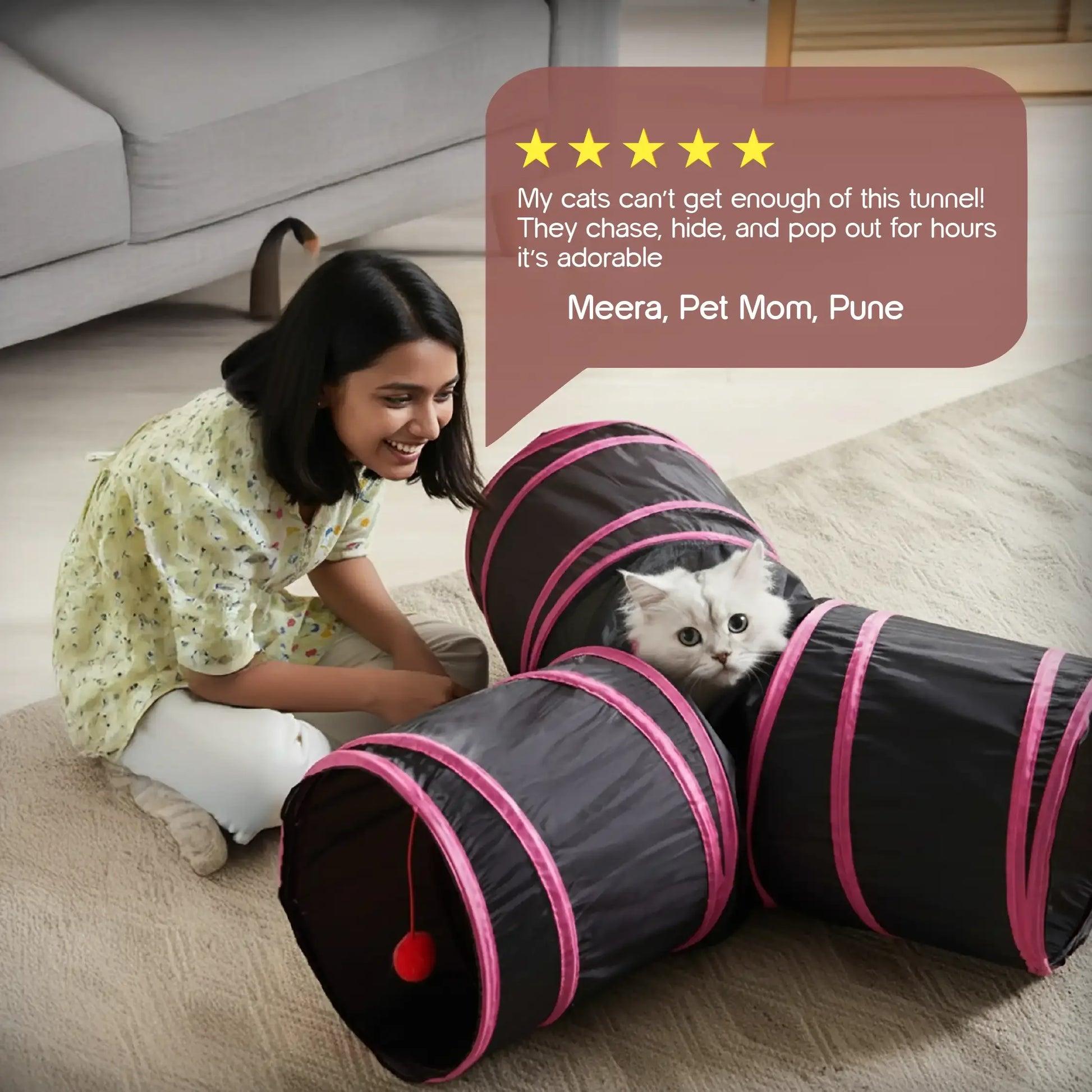 HideNZoom 3-Way Cat Tunnel – Foldable Fun for Playful Cats - Tilting Heads