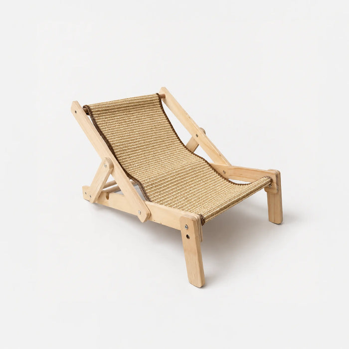 Wooden cat scratch lounge chair with tan sisal rope scratch surface, slanted back