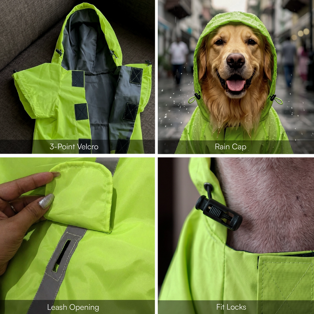 Rover Raincoat – Waterproof Dog Raincoat with Hood, Reflective Strip, Leash Opening & 3-Point Velcro for Monsoon Walks