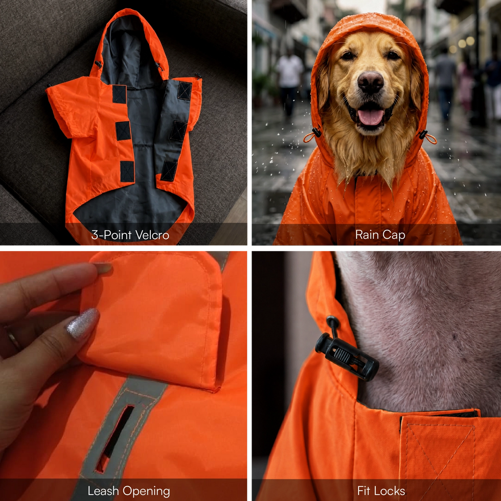 Rover Raincoat – Waterproof Dog Raincoat with Hood, Reflective Strip, Leash Opening & 3-Point Velcro for Monsoon Walks