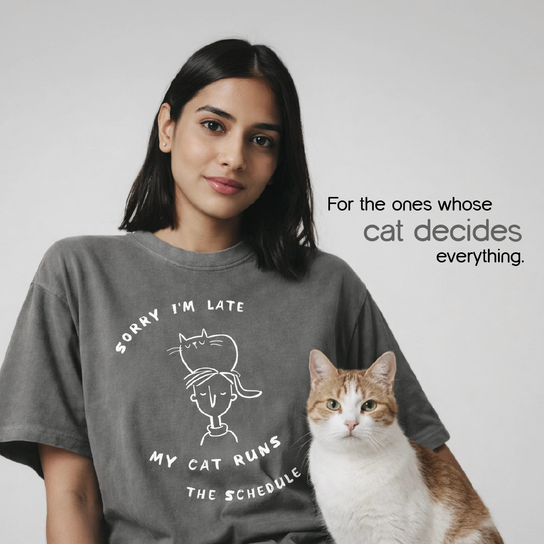 My Cat Runs the Schedule T-Shirt – Oversized Cotton Wear for Cat Parents
