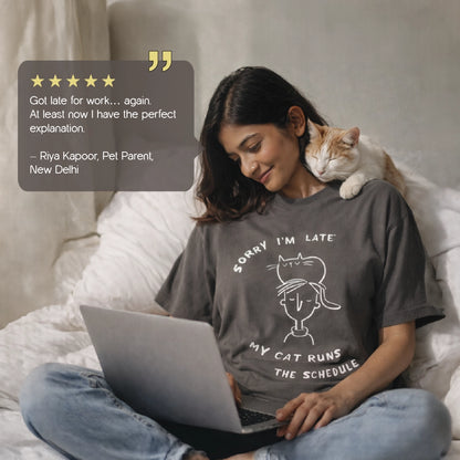 My Cat Runs the Schedule T-Shirt – Oversized Cotton Wear for Cat Parents