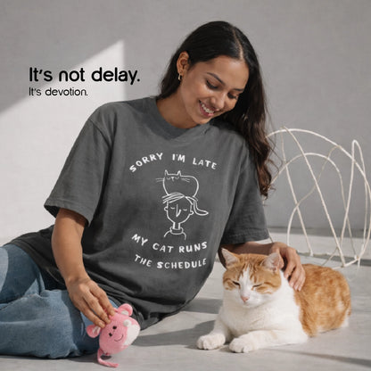My Cat Runs the Schedule T-Shirt – Oversized Cotton Wear for Cat Parents