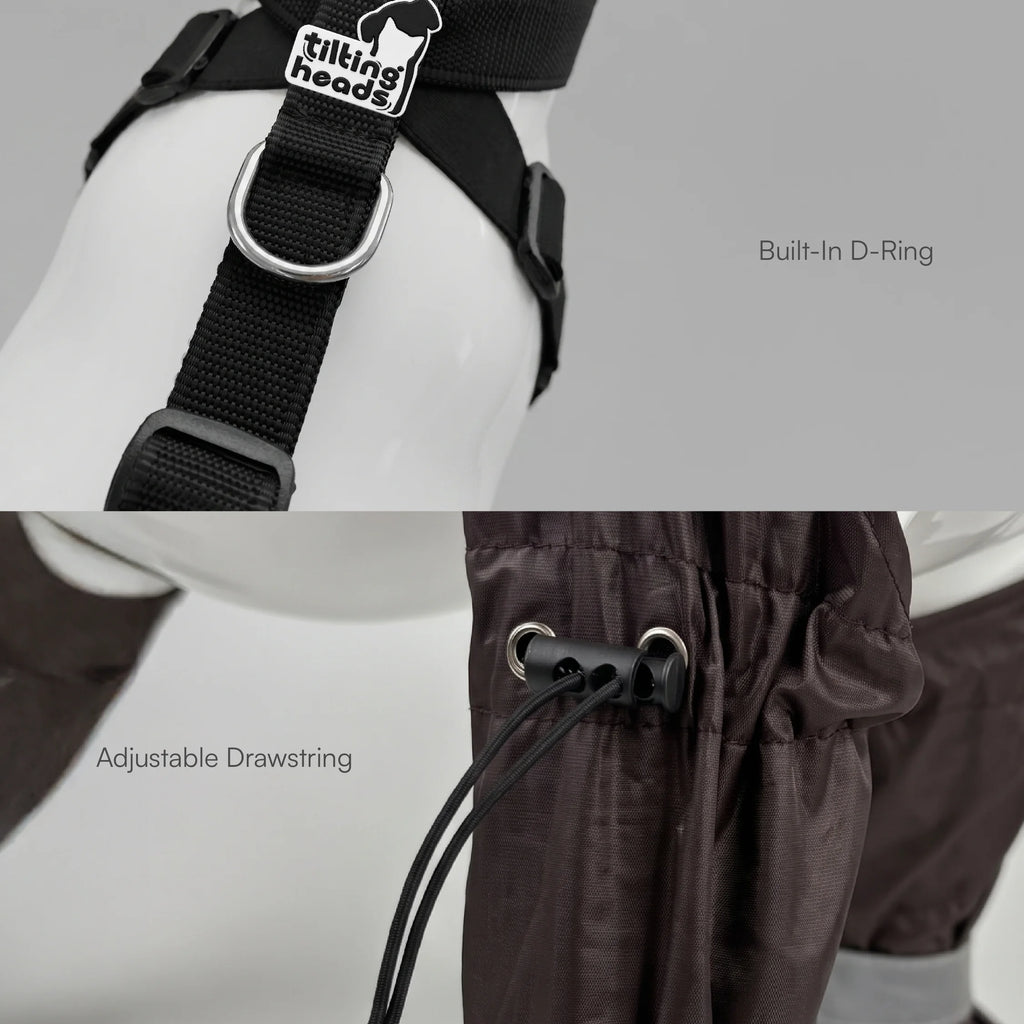 Black dog paw boot outfit with built-in D-ring and adjustable drawstring