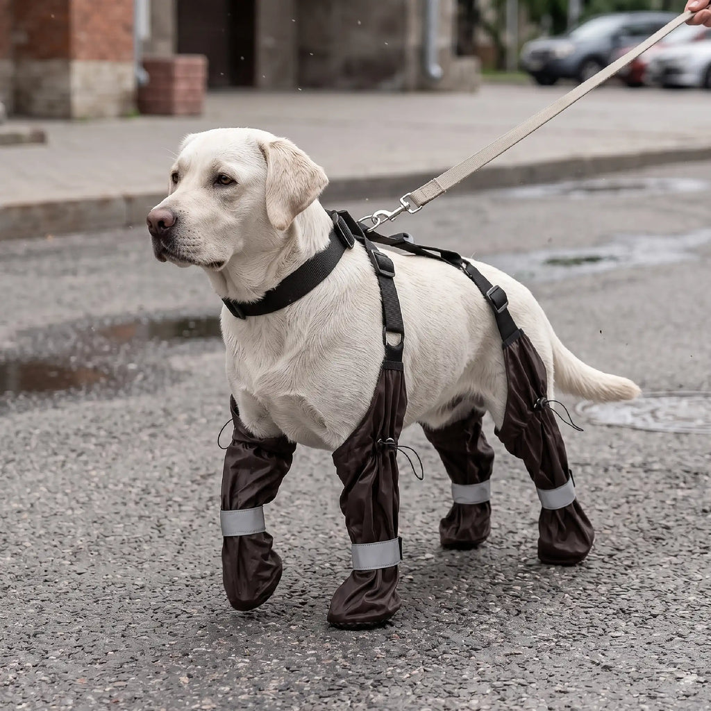 Black dog paw suspender boots on a white dog standing outdoors