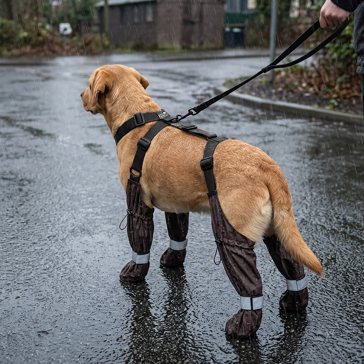 Black dog paw suspender boots on a brown dog on wet pavement outdoors