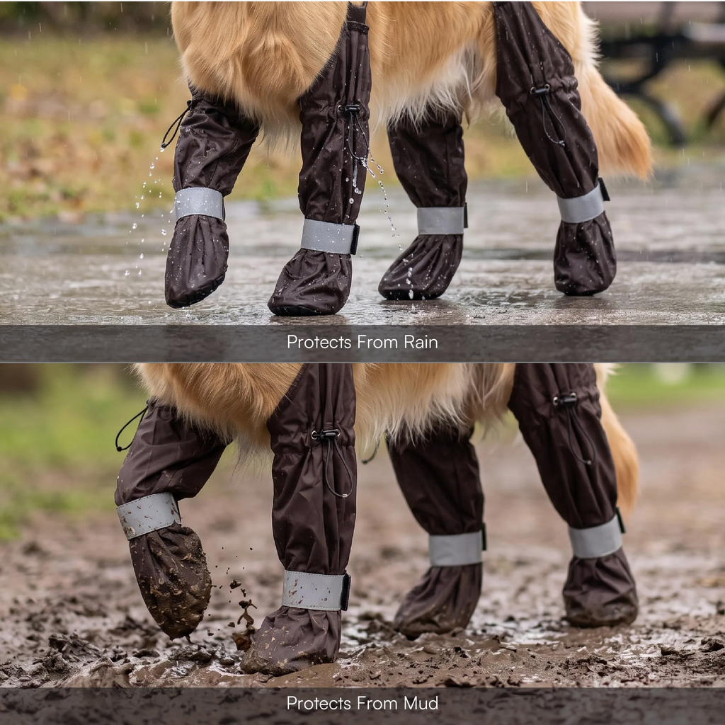 Pet paw suspender boots with gray cuffs and drawstring ankle straps