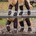 Pet paw suspender boots with gray cuffs and drawstring ankle straps