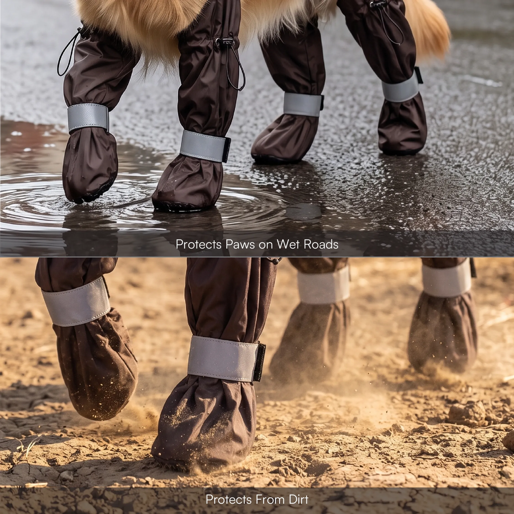 Pet paw suspender boots in dark fabric with elastic gray cuff bands