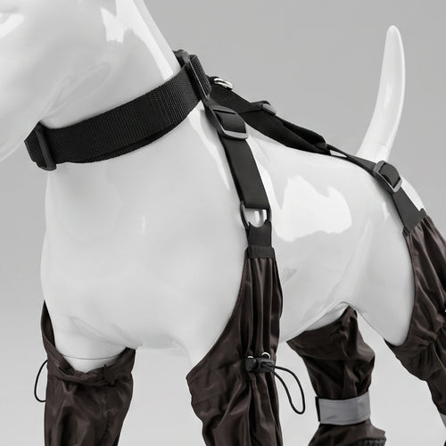 Adjustable suspender dog boot outfit with black straps and fabric leg covers