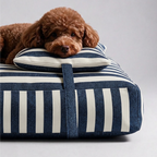 Dog resting on navy-and-white striped bed with raised head cushion