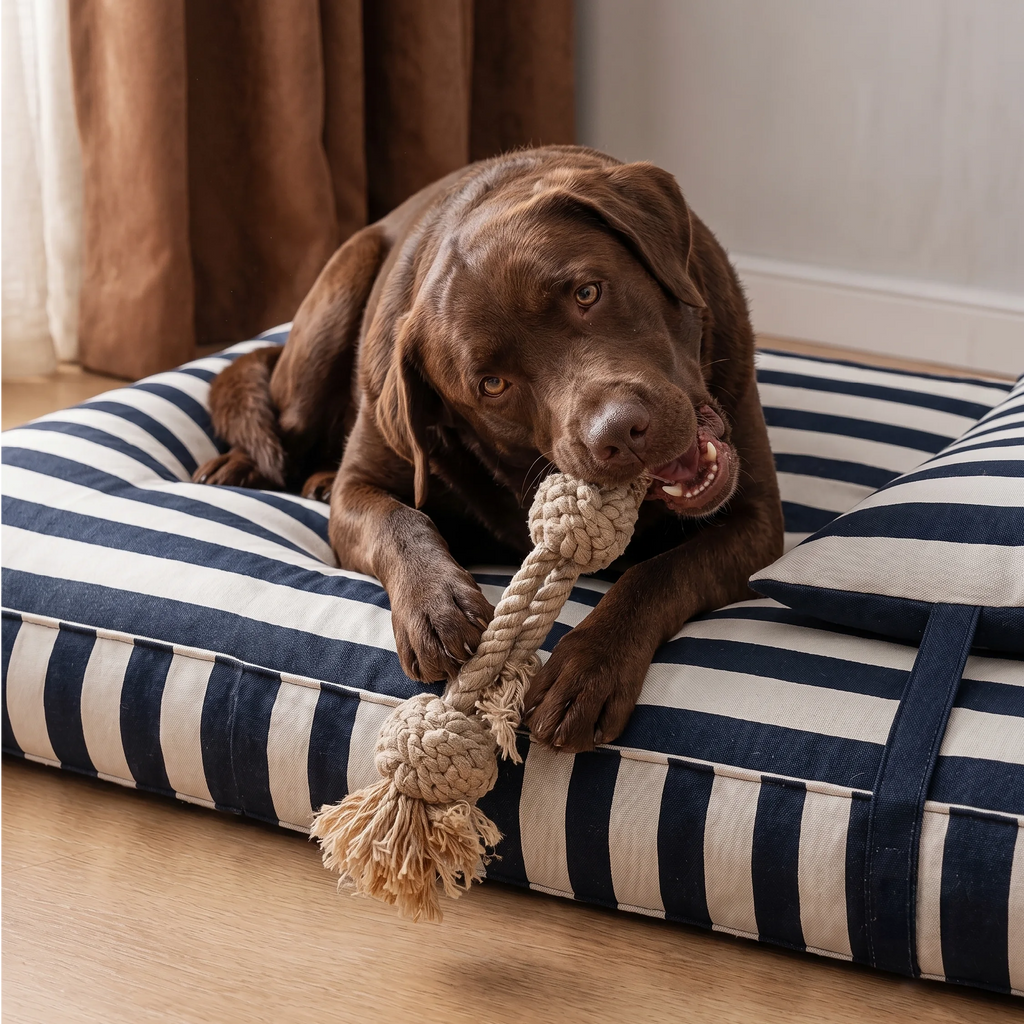 Brown dog on navy-and-white striped bed with rope toy on bolster