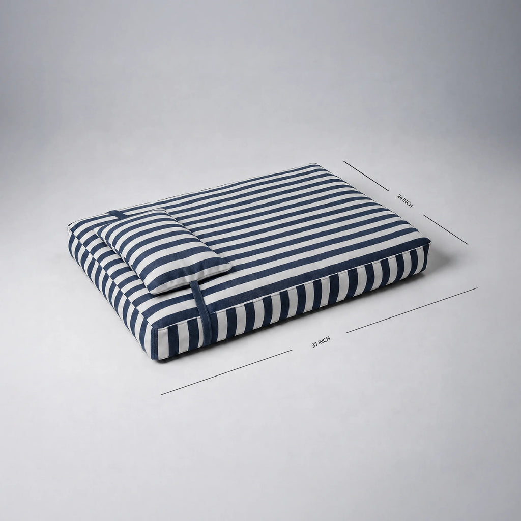 Navy-and-white striped pet bed with length and width dimension lines