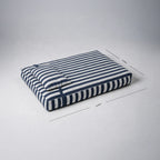 Navy-and-white striped pet bed with length and width dimension lines