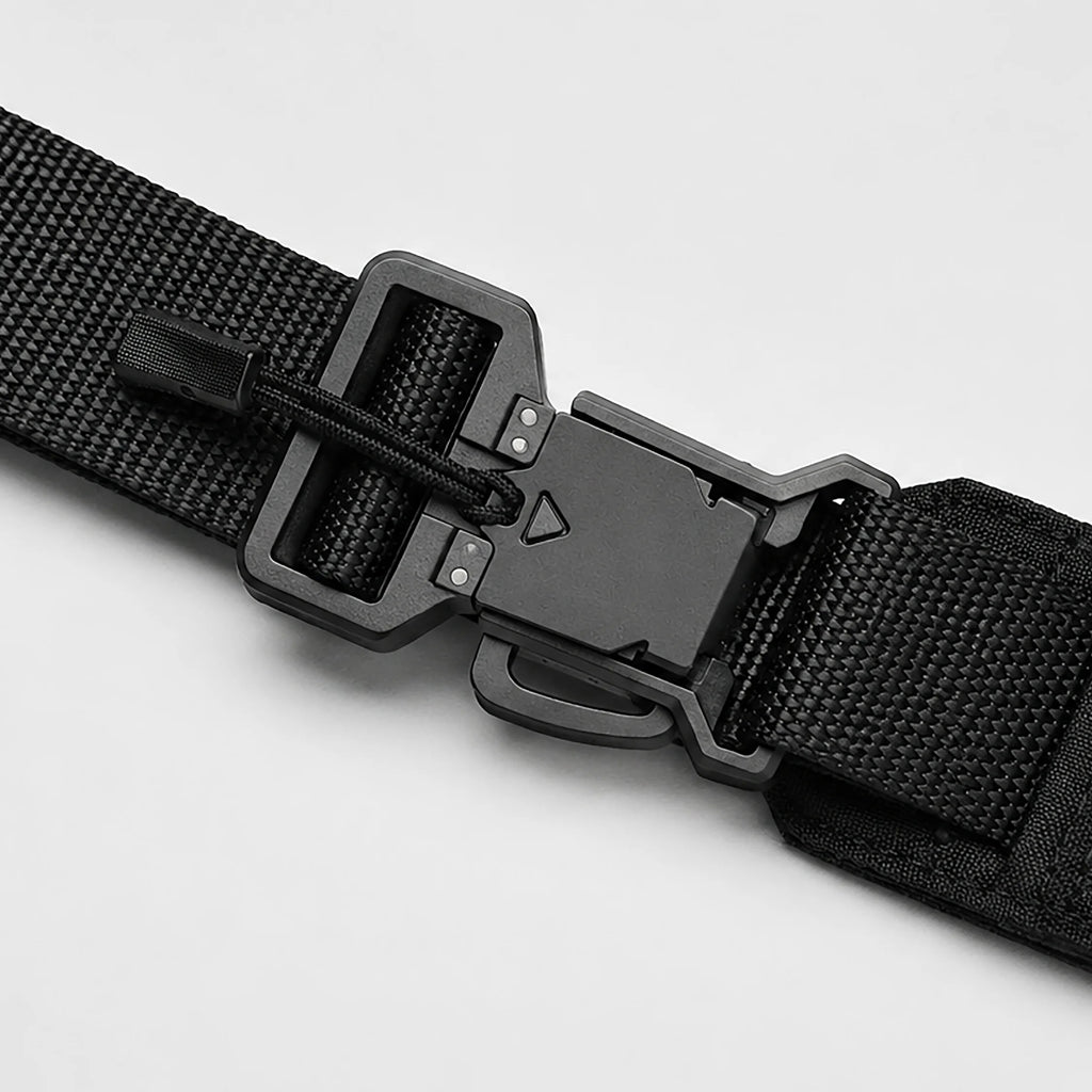Close-up of black belt strap with plastic buckle and metal snap hardware
