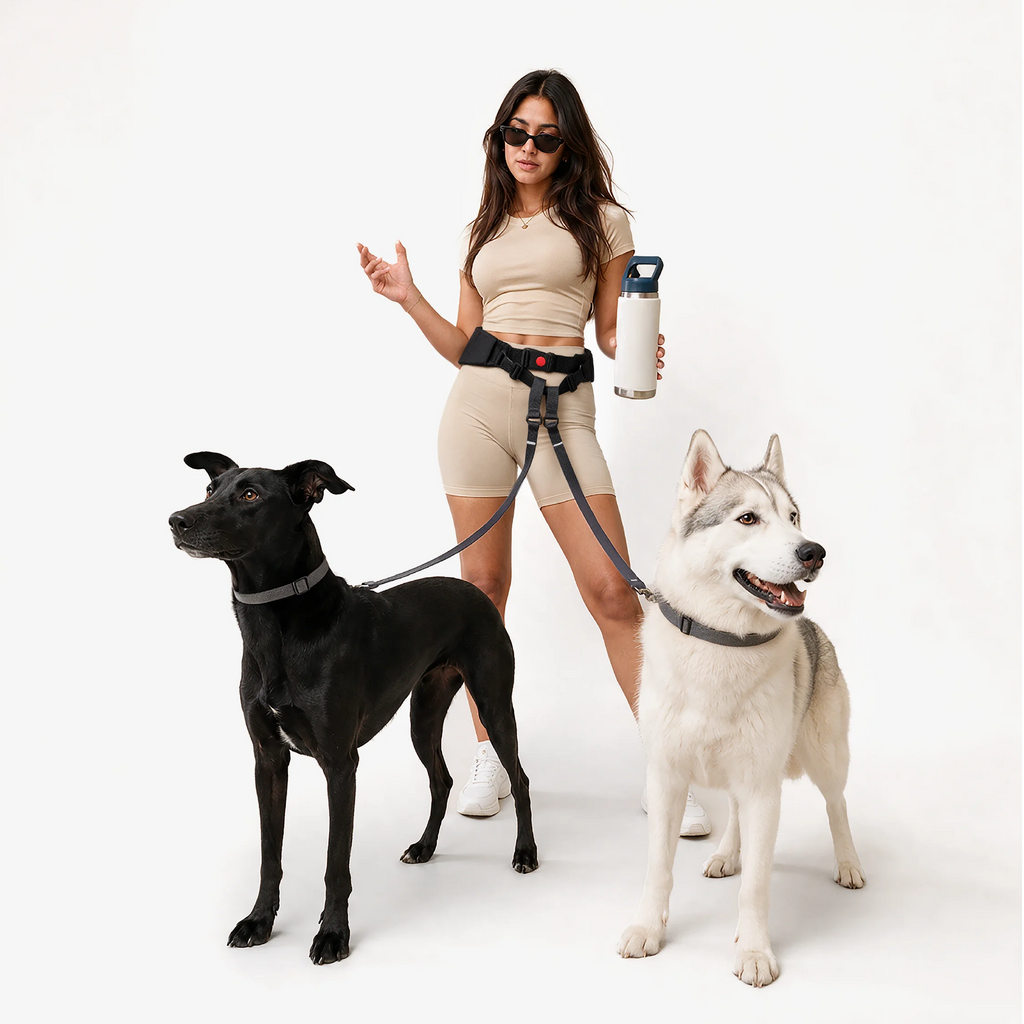 Unisex hands-free dog belt worn with black waist harness and gray dual leash straps