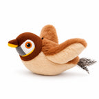 Brown and cream plush flapping bird toy with large orange-trimmed eyes