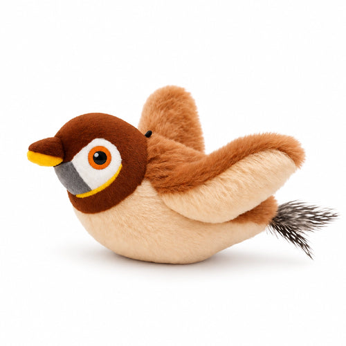 Brown and cream plush flapping bird toy with large orange-trimmed eyes