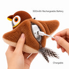 Brown plush flapping bird toy with rechargeable battery and charging cable
