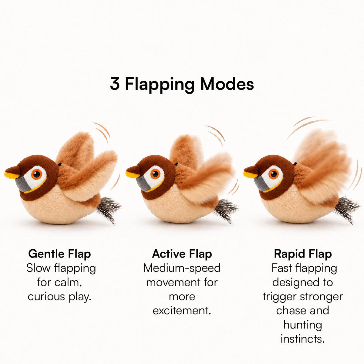 Plush bird toy showing three flapping modes: gentle, active, rapid