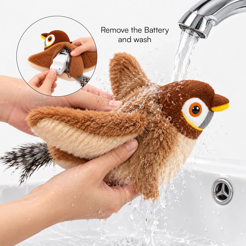 Plush bird toy with hands rinsing under water from a tap