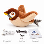 Brown and cream plush flapping bird toy with accessories: charging cable and manual