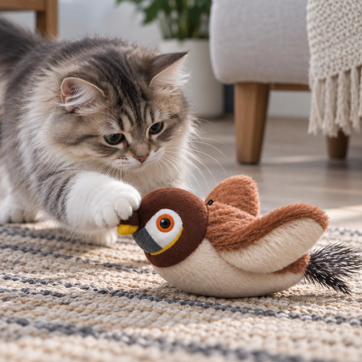 Plush flapping bird toy on carpet with kitten nearby
