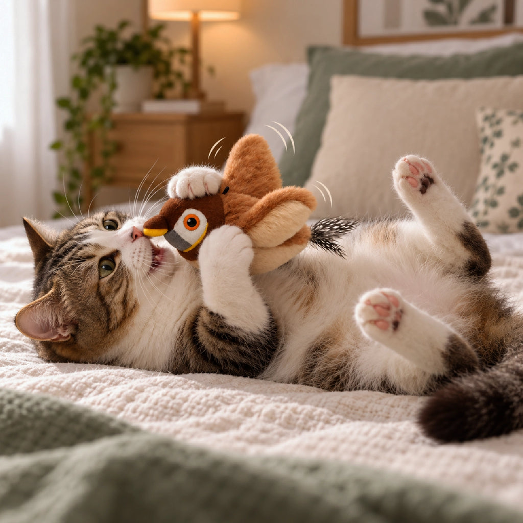 Plush flapping bird toy on bed playing with cats and paws